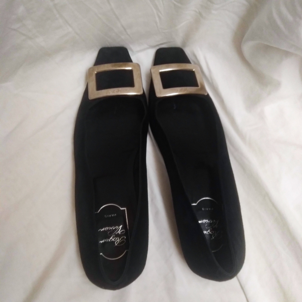 Roger Vivier Black Suede Leather Buckle Ballerina Flats Slip On Womens Size 10